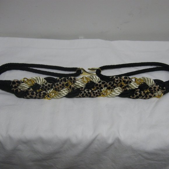 Leopard Print Braided Stretch Cord Belt Black White Gold Chain fits 36-44" waist - Picture 4 of 5
